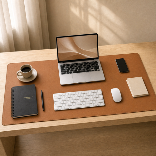 Deskmat marron installé avec clavier et souris