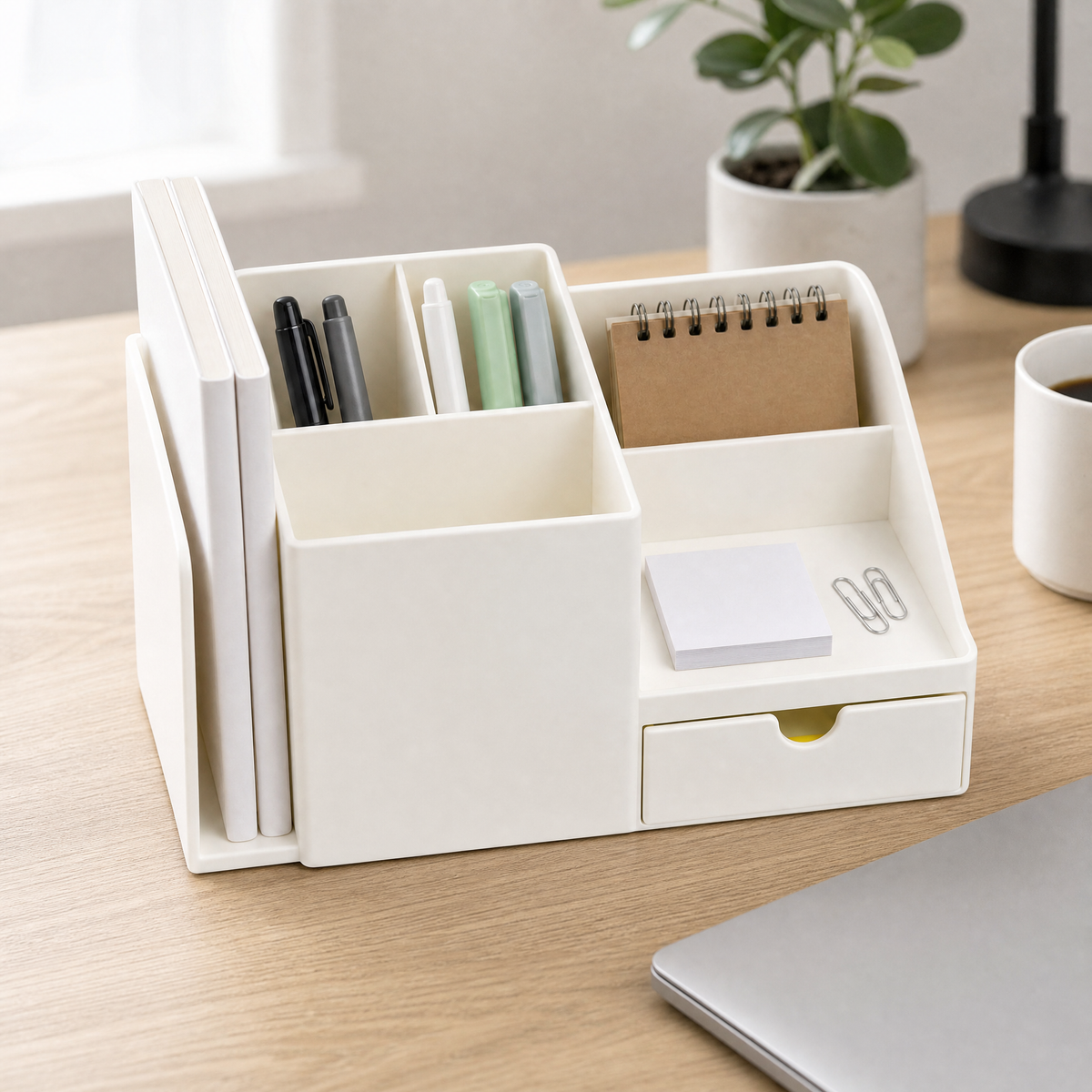 Organisateur Essentiel blanc aménagé avec carnets, stylos, bloc-notes et petites fournitures