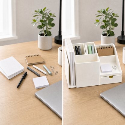 Bureau avant et après rangement avec l’Organisateur Essentiel blanc
