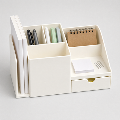 Organisateur de bureau Essentiel blanc avec compartiments, rangement latéral et tiroir intégré